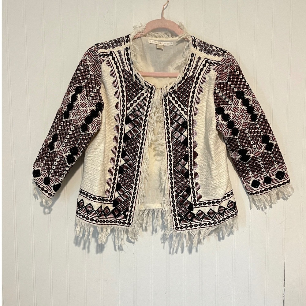 Boston Proper Jacket Womens 6 White Excellent Embroidered Beaded Fringe Boho